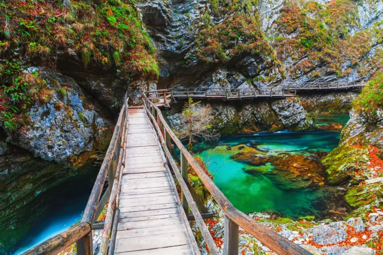 famoso e amato canyon della gola di vintgar con sentiero di legno in splendidi colori autunnali vicino al lago di Bled del parco nazionale del triglav in scala